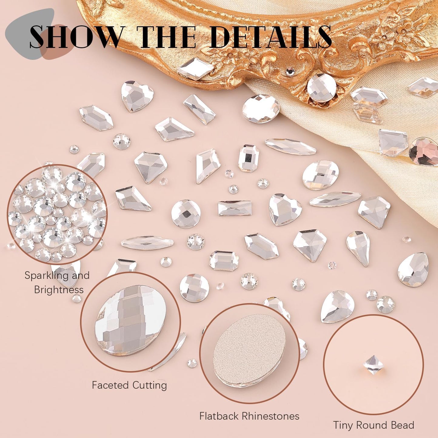 2680Pcs Silver Clear Nail Rhinestones 120Pcs Multi Shapes Glass Flatback Nail Gems + 2560Pcs 1.5-4mm Round Crystal, Manicure Nail Charms Diamond Gemstones for Acrylic Nails Decoration