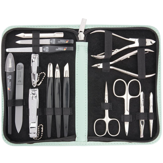3 Swords Germany - brand quality 16 piece manicure pedicure grooming kit set fashion leather case mint, Made in Germany | alldaygood beauty