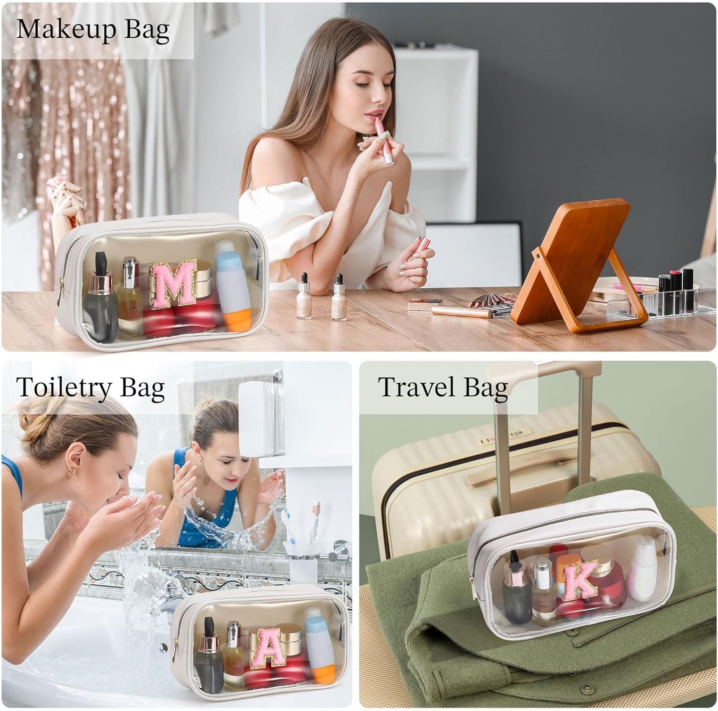YOOLIFE Initial Makeup Bag Travel Toiletry Bag, Clear Makeup Bag Preppy Cosmetic Bag Clear Makeup Bags With Zipper Girlfriend Teacher 7 Year Old Girl Gifts Daughter Gifts Swim Gifts For Girls White Z