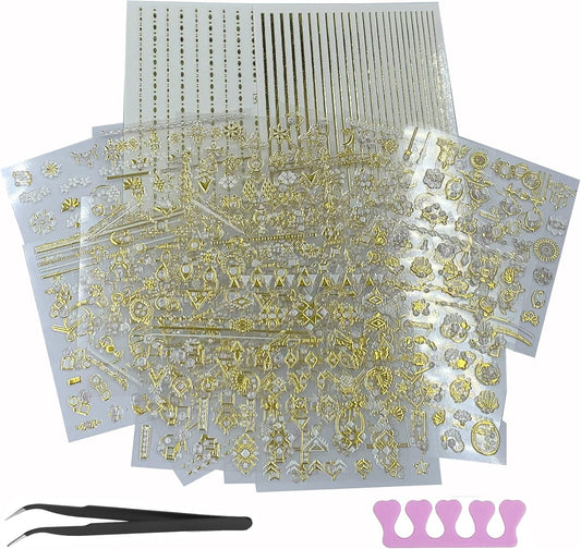 22 Sheets 3D Nail Adhesive Stickers for Women Gold Metallic Chain Line Nail Stickers Diamond Design Luxury Nail Art Decoration with with Tweezers Nail File Separators | alldaygood beauty