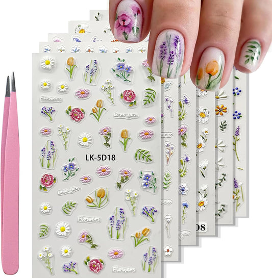 Flower Nail Stickers for Nail Art 5D Embossed Nails Decals Self Adhesive Spring Summer Floral Nails Decoration for Women 3D Design Colorful Flower Daisy Lavender Supplies | alldaygood beauty