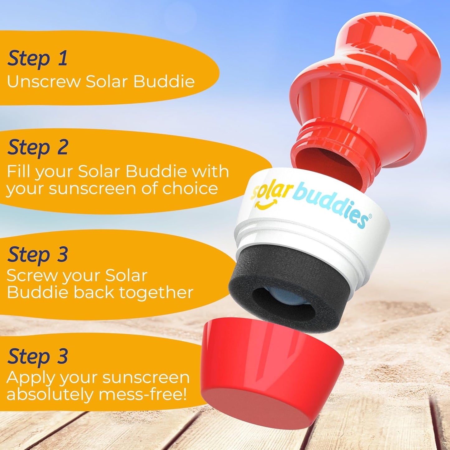 Solar Buddies Sunscreen Applicator - Single Red - Refillable Roll on Sponge Sunscreen, Suncream & Lotion Applicator For Kids, Adults & Families - Holds 3.4fl oz, Perfect Size for Travel