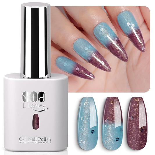 YTD Likomey Color Changing Gel Nail Polish,HEMA Free TPO Free,15ml Turquoise to Deep Purple Shimmer Glitter Mood Temperature Change Colors,Thermal Ombre Manicure Varnish,WB431 | alldaygood beauty