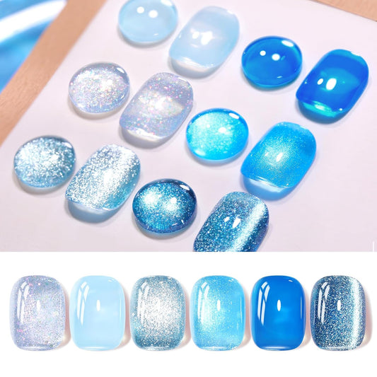 Born Pretty Gel Nail Polish Blue Series,Jelly Transparent,Cat Magnetic Eye,Shimmer Glitter Holographic Blue Gel Polish Kit for Salon Manicure and Nail Art DIY at Home 6Colors | alldaygood beauty