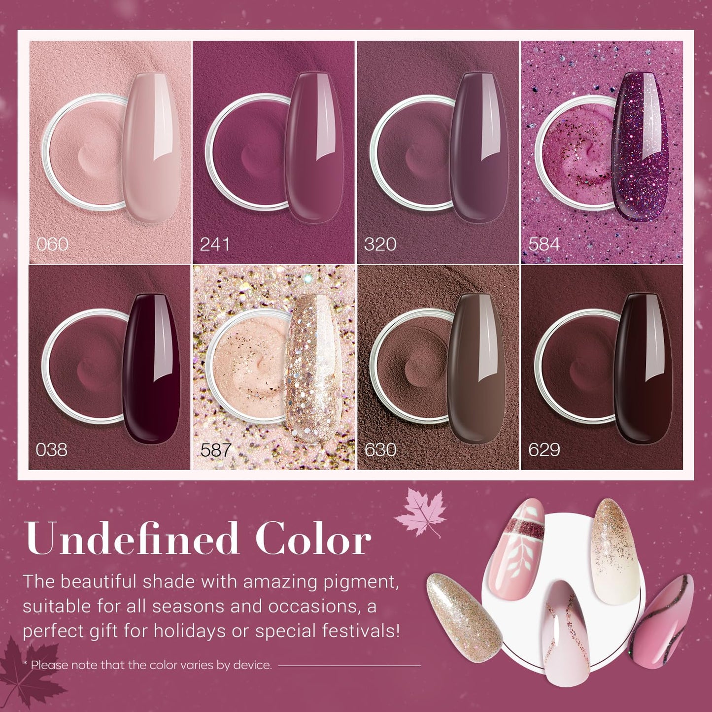 AZUREBEAUTY Dip Powder Nail Kit Starter Glitter Purple Nude Brown 8 Colors 30 Pcs with Nail Swatch Sticks, Dipping Powder Liquid Set Matte Top Coat for Fall Winter Nail Art Manicure Salon DIY Home