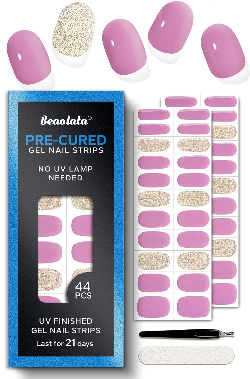 Pre Cured Gel Nail Strips - 44PCS Salon Quality Gel Nail Stickers - Long Lasting Polish Wraps for Women no UV Light Needed Easy Apply& Remove (Peach Pink)