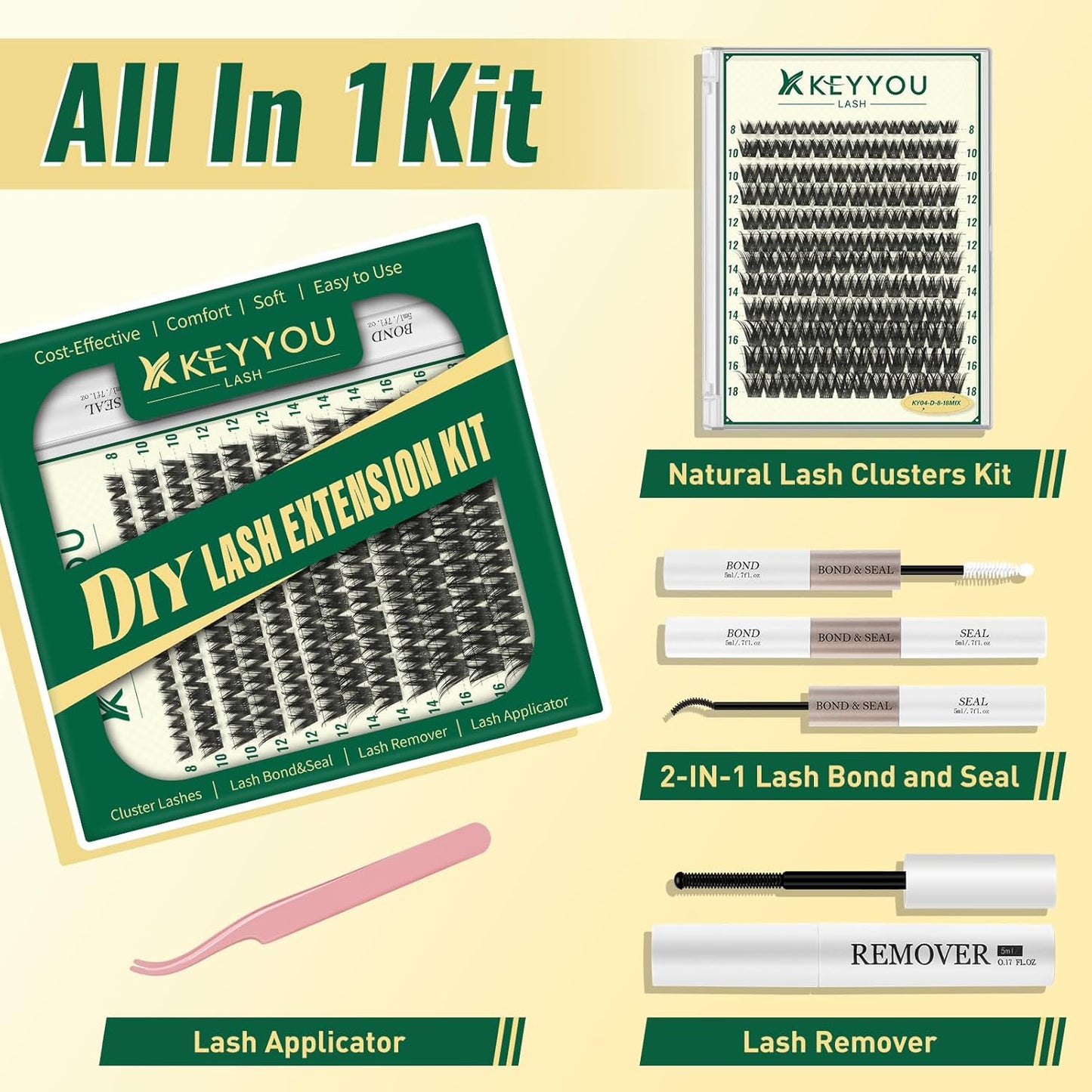 KEYYOULASH DIY Lash Extension Kit 144pcs 8-18MIX Lash Clusters Eyelash Extension Kit with Lash Bond and Seal,Remover,Applicators for DIY Lash Extensions at Home (KY04 Kit)