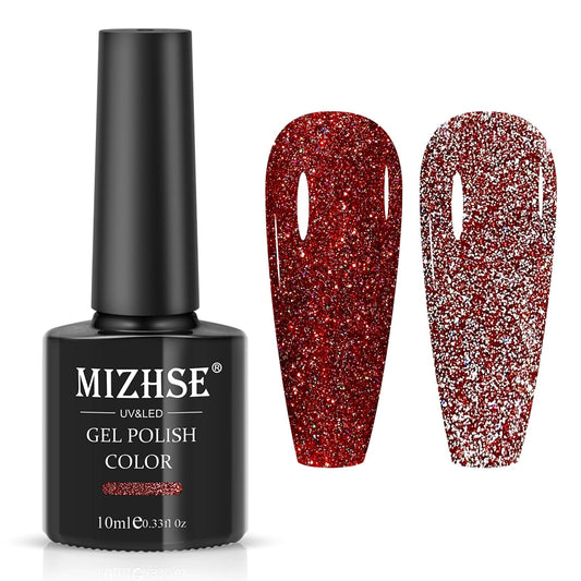 MIZHSE Glitter Red Gel Nail Polish, Reflective Gel Polish Sparkly Shiny Shimmer Nail Polish Soak Off Nail Art Salon Varnish Manicure DIY at Home Christmas Color | alldaygood beauty