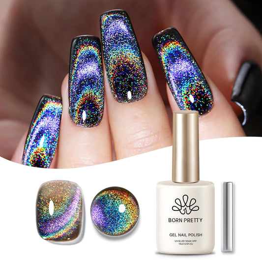 Born Pretty Cat Magnetic Eye Gel Nail Polish Holographic Rainbow Cat Magnetic Gel, Black Glitter Magnetic Soak Off U v Nail Gel Diy Art for Girls Women 15ML | alldaygood beauty