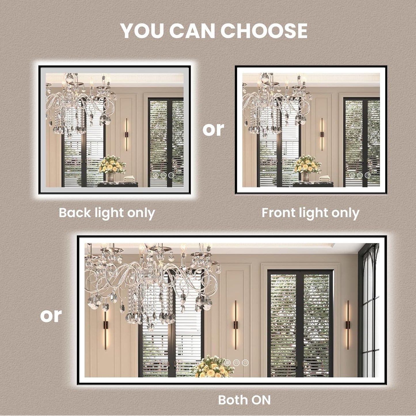 Amorho 40"x 38" LED Bathroom Mirror with Black Frame, Front Light and Backlit(Controlled Separately), Stepless Dimmable, Anti-Fog, Shatter-Proof, 3 Colors, Memory