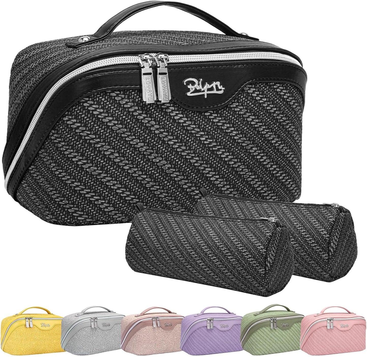 BOYATU Travel Makeup Bags for Women: Large Cosmetic Bag Waterproof - Vegan Leather Make up Bag Set of 3 - Compact Toiletry Organizer with Compartments & Handle & Divider (Z-Black)