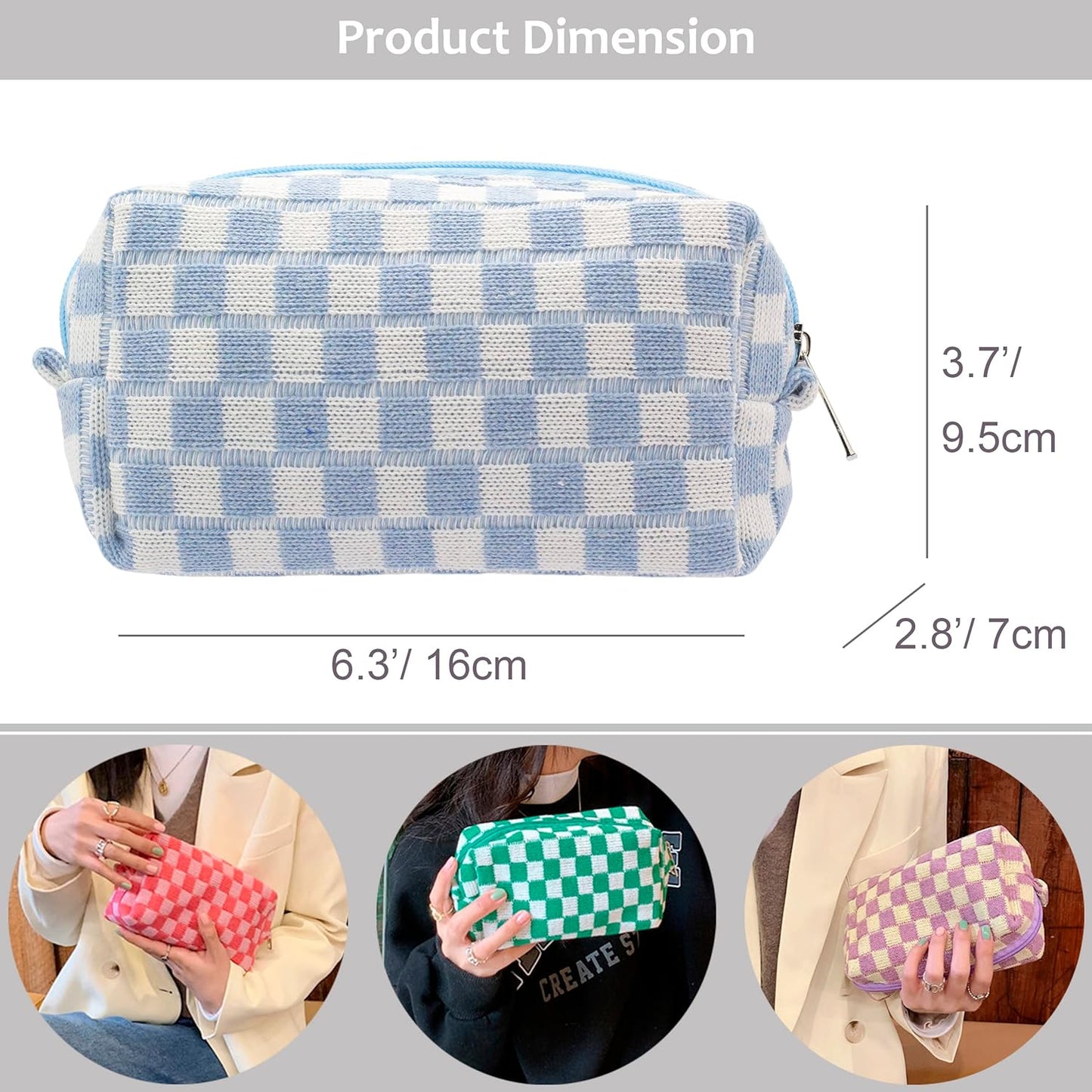 PAZIMIIK Checkered Makeup Bag for Purse Portable Zipper Make Up Pouch Small Cosmetic Case for Travel Accessories (Blue)