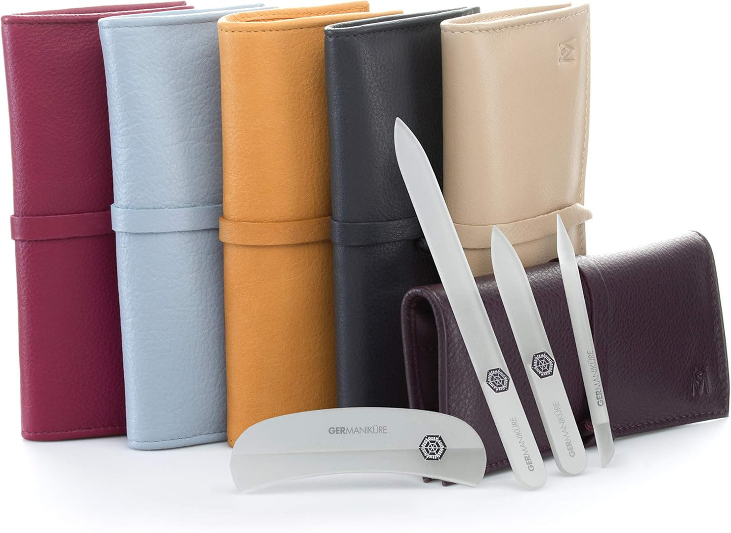 GERMANIKURE Gray Crystal Glass Nail File Set in Light Blue Leather Case – Handmade in Czech Republic – Professional Manicure & Pedicure Supplies – Glass Cuticle Stick, Pusher, Moon File