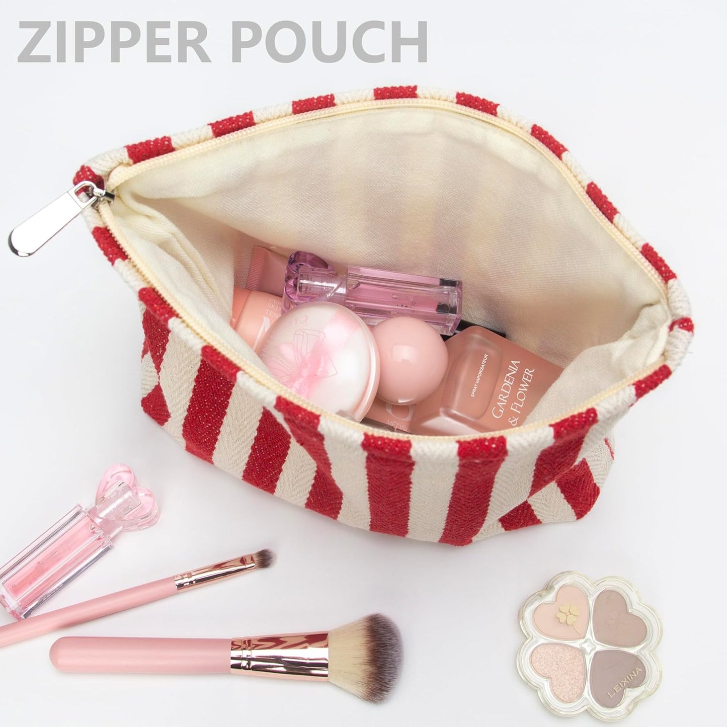 PAZIMIIK Makeup Bag Large Cotton Zipper Pouch for Purse Travel Canvas Make Up Organizer for Women Cosmetic,Stripe Red