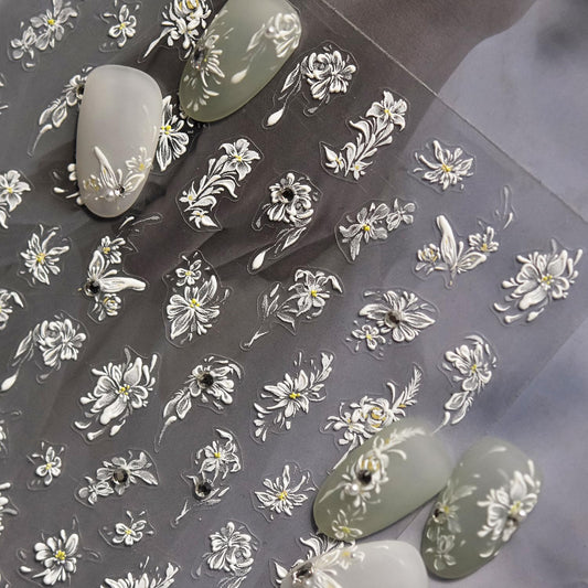 Flower Nail Art Stickers White Floral Nail Stickers 5D Embossed White Style Nail Decals Accessories with Rhinestone Nail Decals Manicure Supplies for Women DIY Decorations | alldaygood beauty