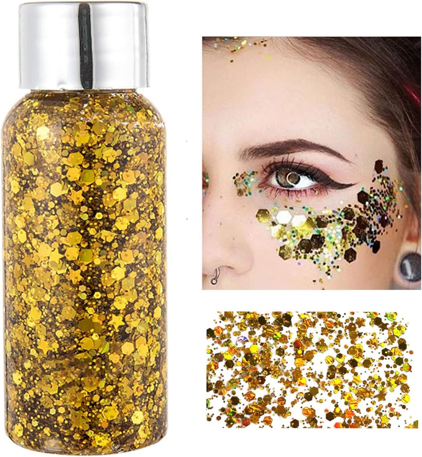 MAEPEOR Chunky Face Body Glitter Gel 19 Colors Mermaid Sequins Holographic Body Glitter Gel Long-Lasting Festival Makeup Glitter Paint for Face Body Hair Nails (30g, 02 Gold)