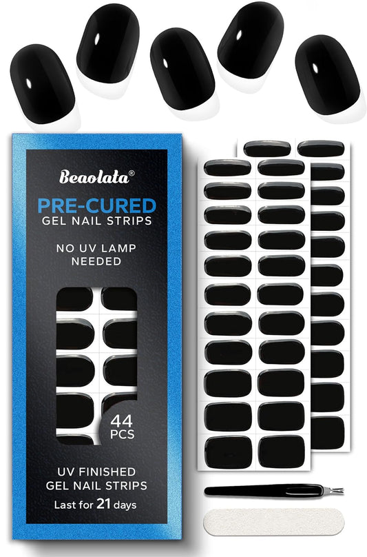 Pre Cured Gel Nail Strips - 44PCS Salon Quality Gel Nail Stickers - Long Lasting Polish Wraps for Women no UV Light Needed Easy Apply& Remove (Obsidian Black)
