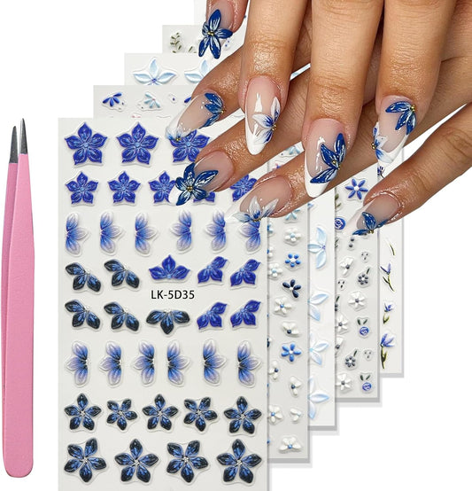 Nail Art Stickers Decals 5D Embossed Flower Nail Decals Self Adhesive Spring Summer Nails Supplies 3D Design for Women Nails Decoration Fresh Blue Purple Flower Stickers | alldaygood beauty