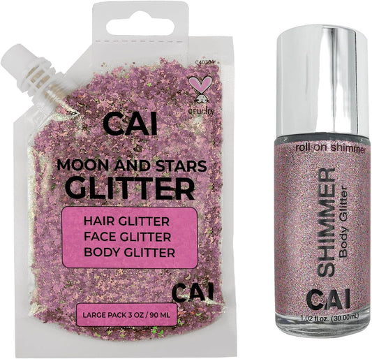 Face, Body & Hair Glitter Gel – Halloween Glitter for Kids and Women – 3 Oz Cosmetic-Grade Gel w/Moon & Stars for Festivals & Halloween Party, Easy Apply & Wash Off - Rose/Stardust Pink 2Pack