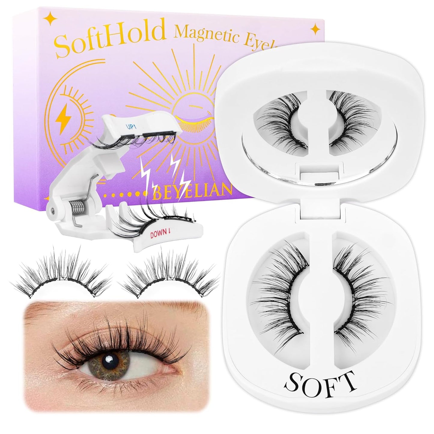 BEYELIAN Magnetic Eyelashes, Soft Natural Look Magnetic Lashes Kit, Magnets False Eyelashes with Applicator Reusable No Glue Needed Eyelashes Kit Easy to Wear and Remove (1 Pair,SME011)