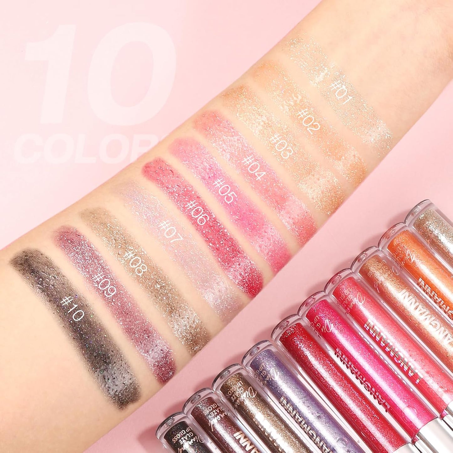 LANGMANNI 2 Colors Diamond Glitter Lip Gloss Set,Long Lasting High Shine Shimmer Liquid Lipstick Set,Hydrating,Moisturizing Lip Gloss Kit Gift Makeup For Girls(#03+04)