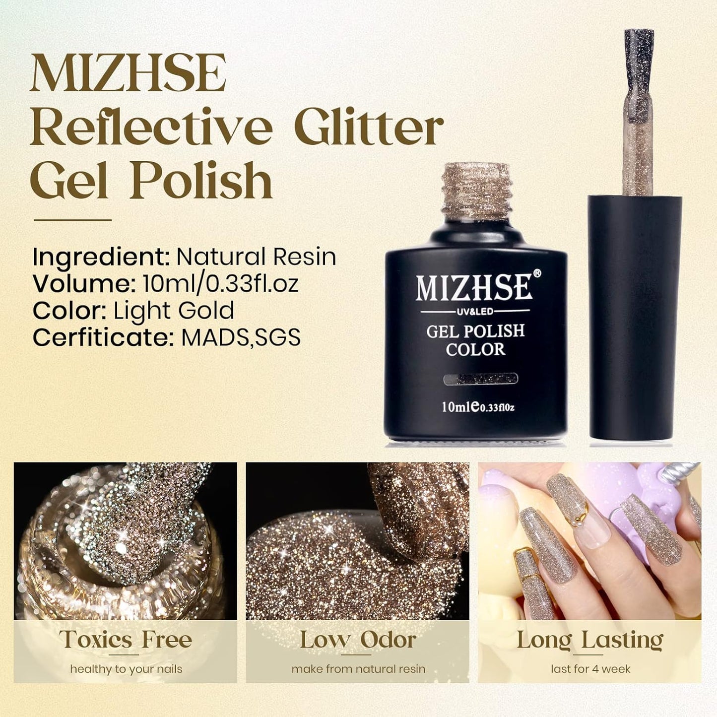 MIZHSE Reflective Glitter Gel Nail Polish, Light Gold Sparkly Shiny Gel Polish, Shimmer Nail Gel Soak Off Nail Art Manicure DIY at Home