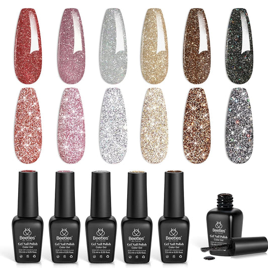 Beetles Reflective Glitter Gel Nail Polish Set, 6 Colors Holographic Sparkle Glitter Gel Polish Flash Diamond Sliver Gold Black Red UV LED Soak Off Manicure Gift for Women Girls | alldaygood beauty