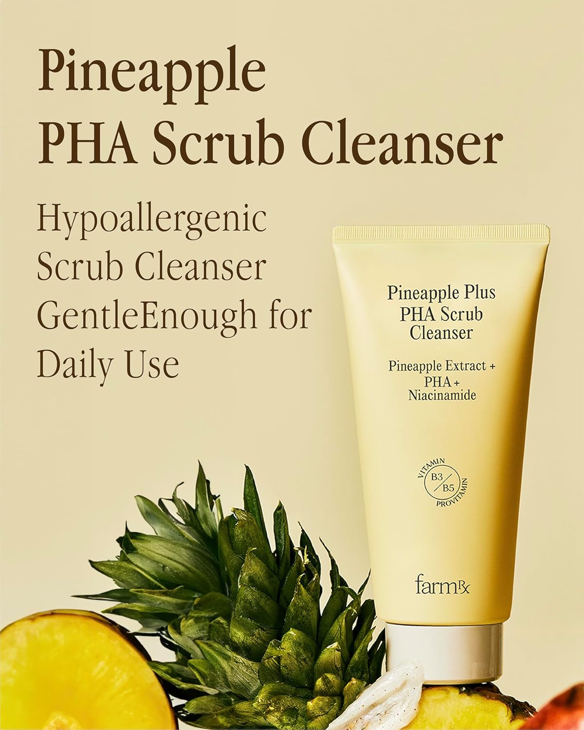 Farm Rx Pineapple Plus PHA Scrub Cleanser (6.7fl oz) - Gently Exfoliating Face Wash for Smooth, Bright Skin. Korean Skin Care. PHA, Niacinamide, Panthenol.