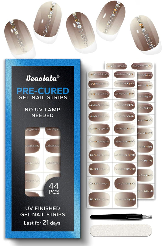 Pre Cured Gel Nail Strips - 44PCS Salon Quality Gel Nail Stickers - Long Lasting Polish Wraps for Women no UV Light Needed Easy Apply& Remove (Mystic Purple）