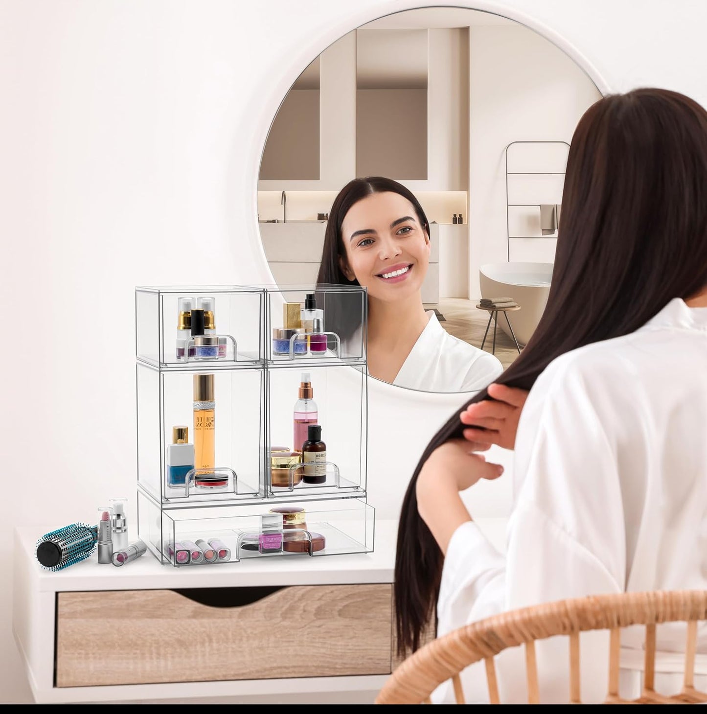 Sorbus Acrylic Storage Containers - 5 Pack, Stackable Storage Bins Set for Bathroom Organization - Clear Acrylic Drawer Organizers - Makeup Case Pull-Out Drawers (7.6’’ and 4.4’’ Tall and 12.1’’ Wide)