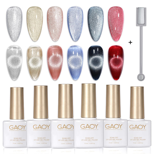 GAOY Holographic Glitter Cat Eye Gel Polish Set of 6 Colors with Free Magnet UV LED Soak Off Nail Polish Home DIY Manicure Nail Salon Varnish | alldaygood beauty