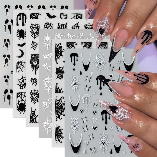 6 Sheets Halloween Spider Web Nail Stickers Spider Nail Stickers for Nail Art 3D Self-Adhesive Ghost Nail Decals Black White Spiders Web Bat Silver Glitter Black French Nails Design Supplies for Women | alldaygood beauty