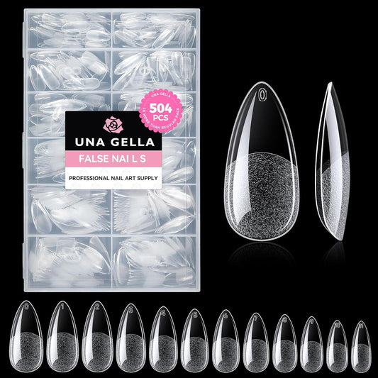 UNA GELLA Almond Gel Nail Tips, 504PCS Pre Etched Clear Fake Nails Tips Medium Almond Shape - 12 Sizes Full Cover Soft Acrylic Press On Nail Extensions No C Curve Gift for Diy at Home | alldaygood beauty