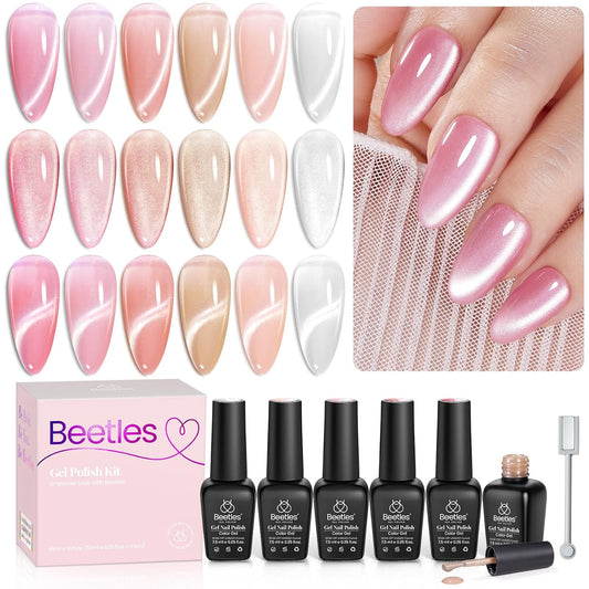 Beetles Pink Cat Eye Gel Nail Polish Set - 6 Colors Nude Pink Silver Cat Eye Glitter Gel Polish Kit with Magnet Soak Off UV Fall Winter Velvet Gel French Nail Art Design Manicure Gift for Women | alldaygood beauty