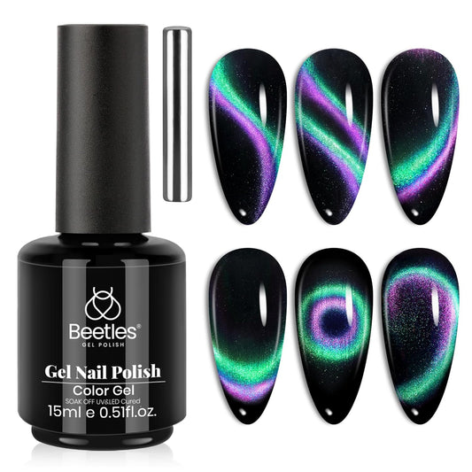 Beetles Cat Eye Gel Nail Polish - 15ML 9D Chameleon Cat Eye Green Purple Double Magic Colors Gel Polish with Magnet Soak Off UV Velvet Gel Galaxy Drift Collection Nail Art Design Gift for Women | alldaygood beauty