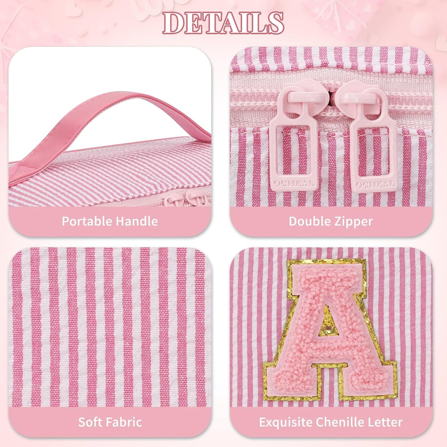 Travel Makeup Bag for Women, 2Pcs Portable Personalized Initial Makeup Organizer Bag, Open Flat Large Cosmetic Bag With Travel Essential Pouch (Pink Letter G)