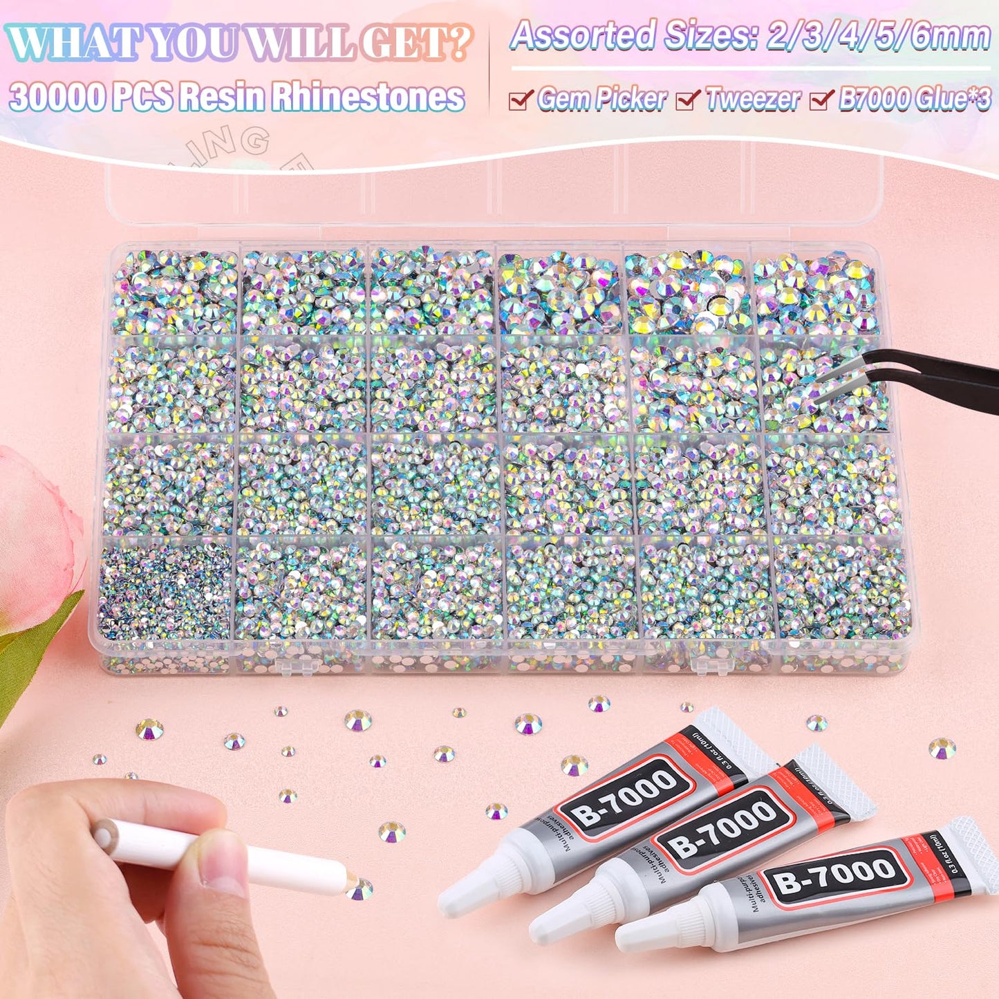 30000Pcs Resin AB Rhinestones for Bedazzling Crafting with b7000 Jewelry Glue, Bulk Flatback Gems Bedazzler Kit for Crafts Clothes Shoes Fabric Nail Diamond Art, Assorted Size 2/3/4/5/6mm