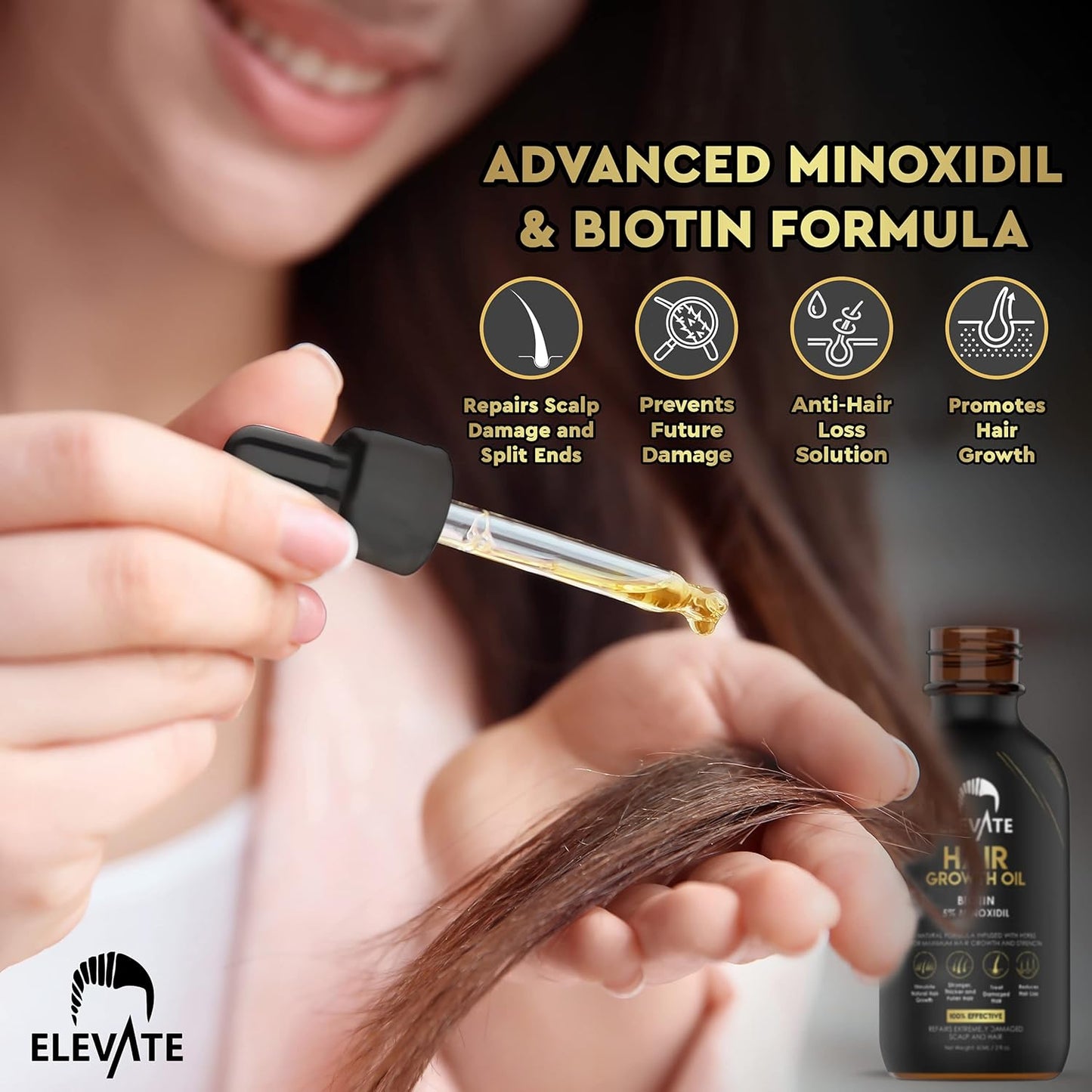 Elevate Hair Regrowth Treatment 5% Minoxidil Solution – Biotin Serum Hair Growth Oil for Men & Women - Thicker Fuller Stronger Hair - Stops Hair Loss & Thinning - Natural Hair Thickening Treatment 2oz