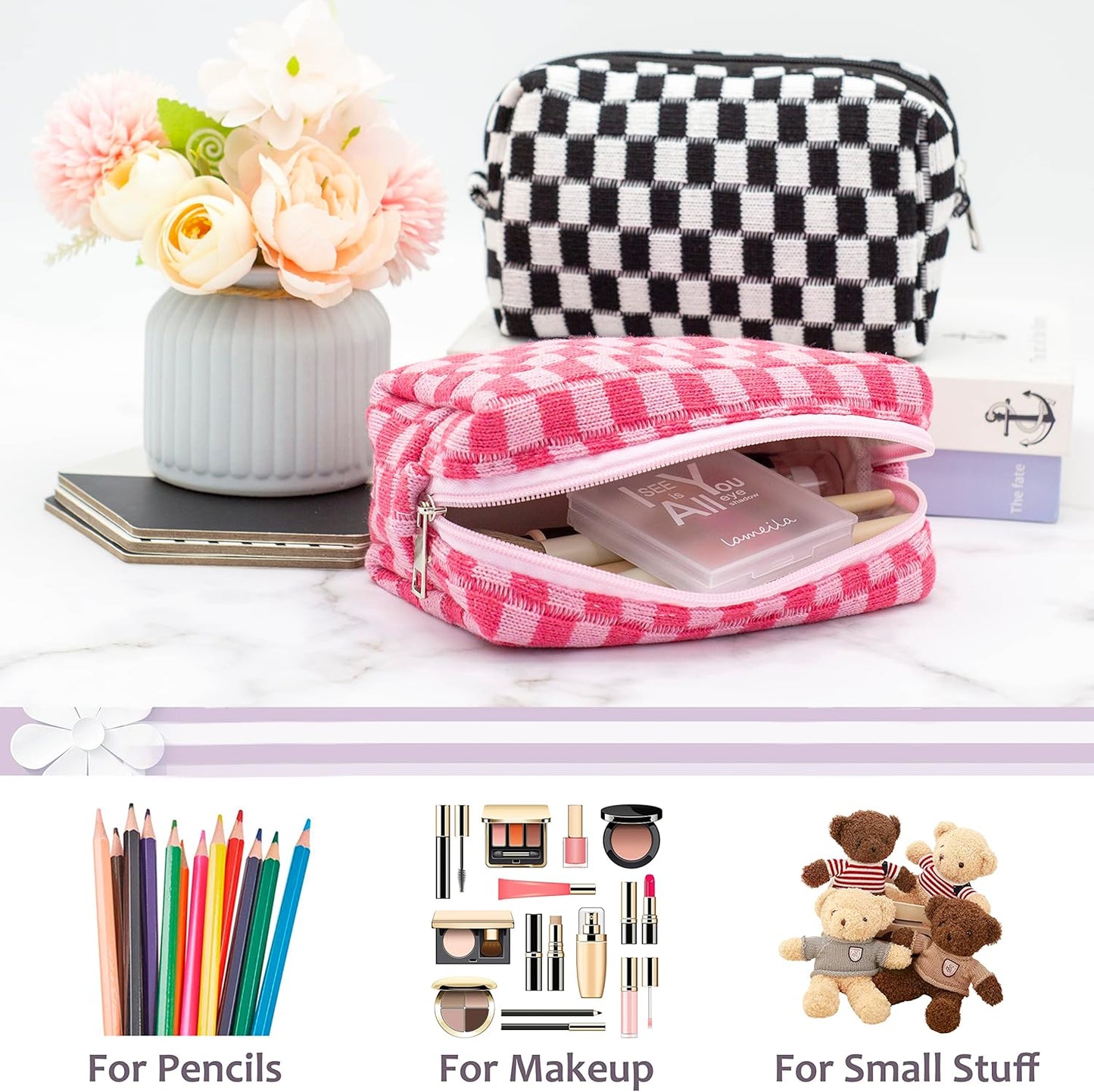 PAZIMIIK Checkered Makeup Bag for Purse Portable Zipper Make Up Pouch Small Cosmetic Case for Travel Accessories (6PCS Colorful)