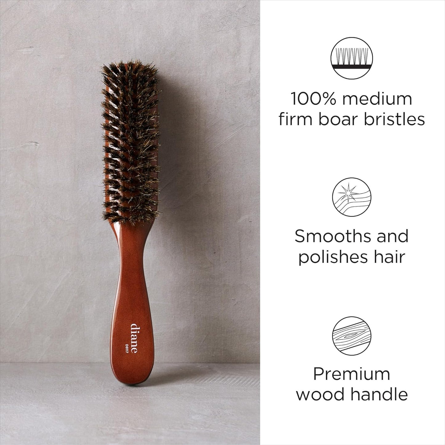 Diane Premium 100% Boar Bristle 7 Row Styling Brush for Men and Barbers, Medium-Firm Bristles for Thick Coarse Hair, Detangling, Smoothing