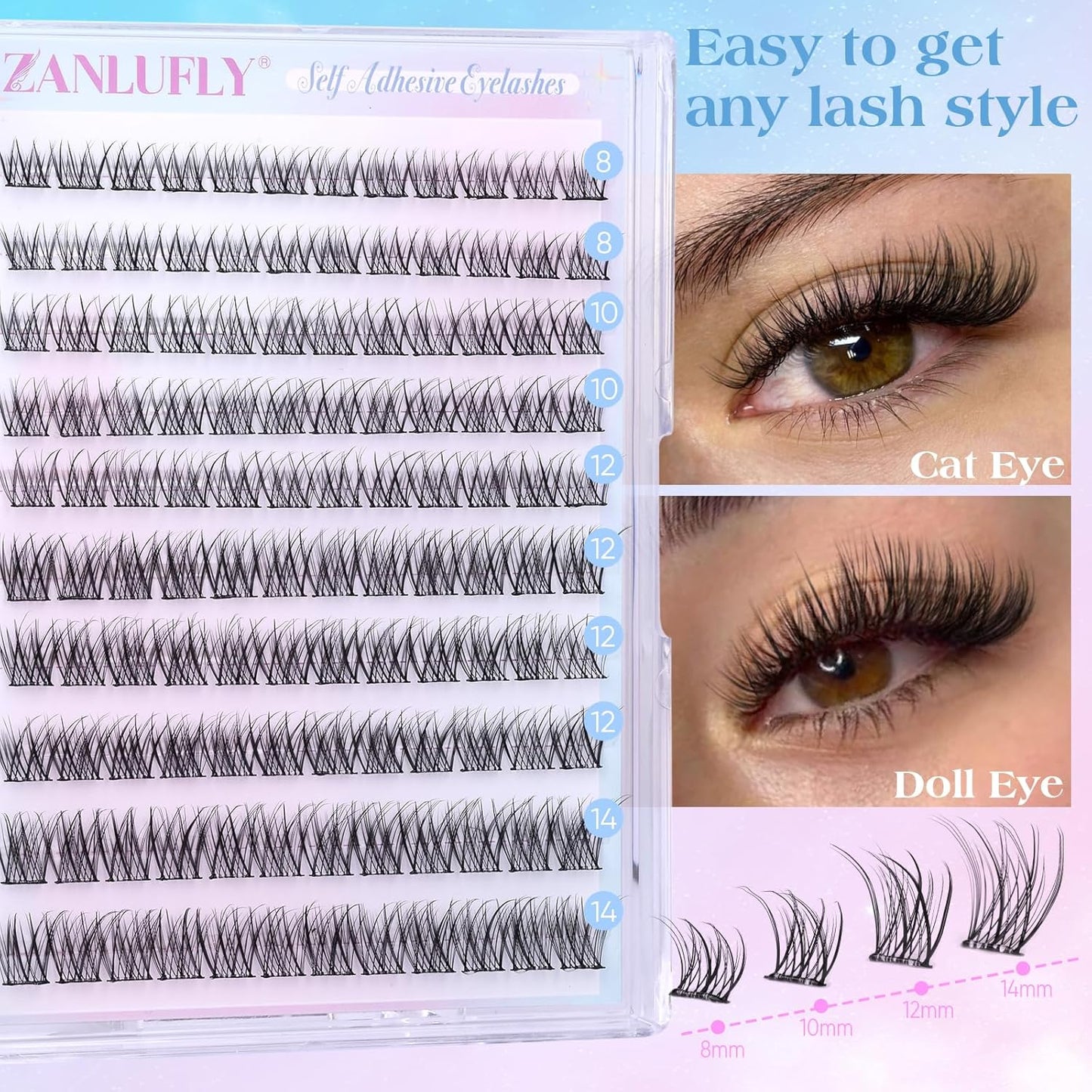 zanlufly Self Adhesive Lash Clusters No Glue Eyelashes C Curly Reusable Pre-glued Lashes No Damage Self Adhesive Eyelash Clusters Press on Eyelashes(8-14mm,120Pcs)