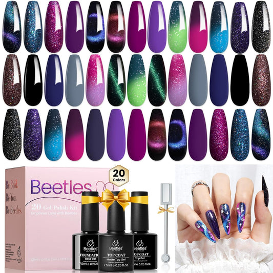 Beetles Cat Eye Gel Polish Set - 24Pcs 20 Colors Glitter Dark Color Changing Gel Nail Polish Kit with Base Gel Glossy Matte Top Coat Soak off UV DIY Nail Art Salon Ombre Black Nails Gift | alldaygood beauty