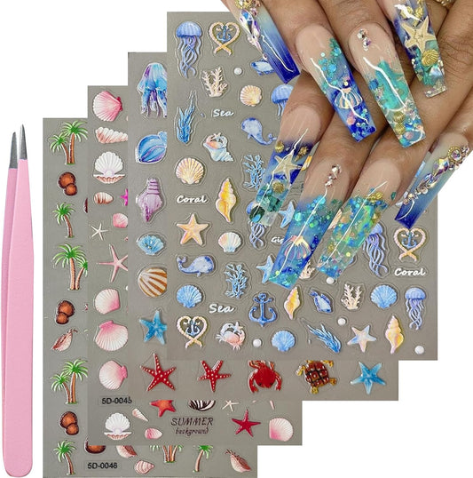 Summer Nail Art Stickers Decals Beach Style Nail Decals Self Adhesive 5D Shell Coconut Tree for Women Nails Design Decoraion 3D Beach Mails Stickers Supplies | alldaygood beauty