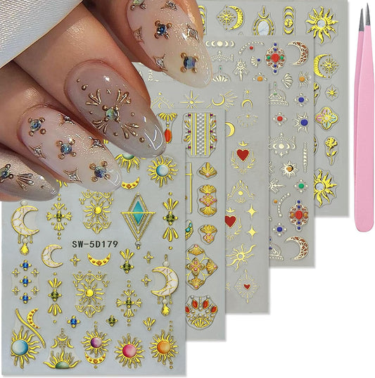 Egyptian Style Nail Art Stickers Decals Gold Sun Moon Nail Decals 5D Self Adhesive for Women Nails Design Decoraion 3D Crown Mails Stickers Supplies | alldaygood beauty
