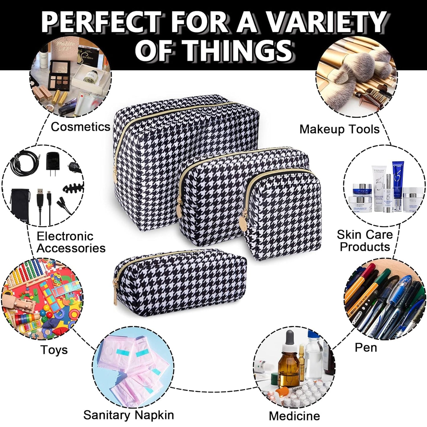 Small Pencil Case Makeup Bag for Purse, Cute Pencil Pouch Nylon Preppy Houndstooth Makeup Brush Bag with Zipper, Girl Portable Stationery Storage Case Small Pen Bag for Office School(Slim-Houndstooth)