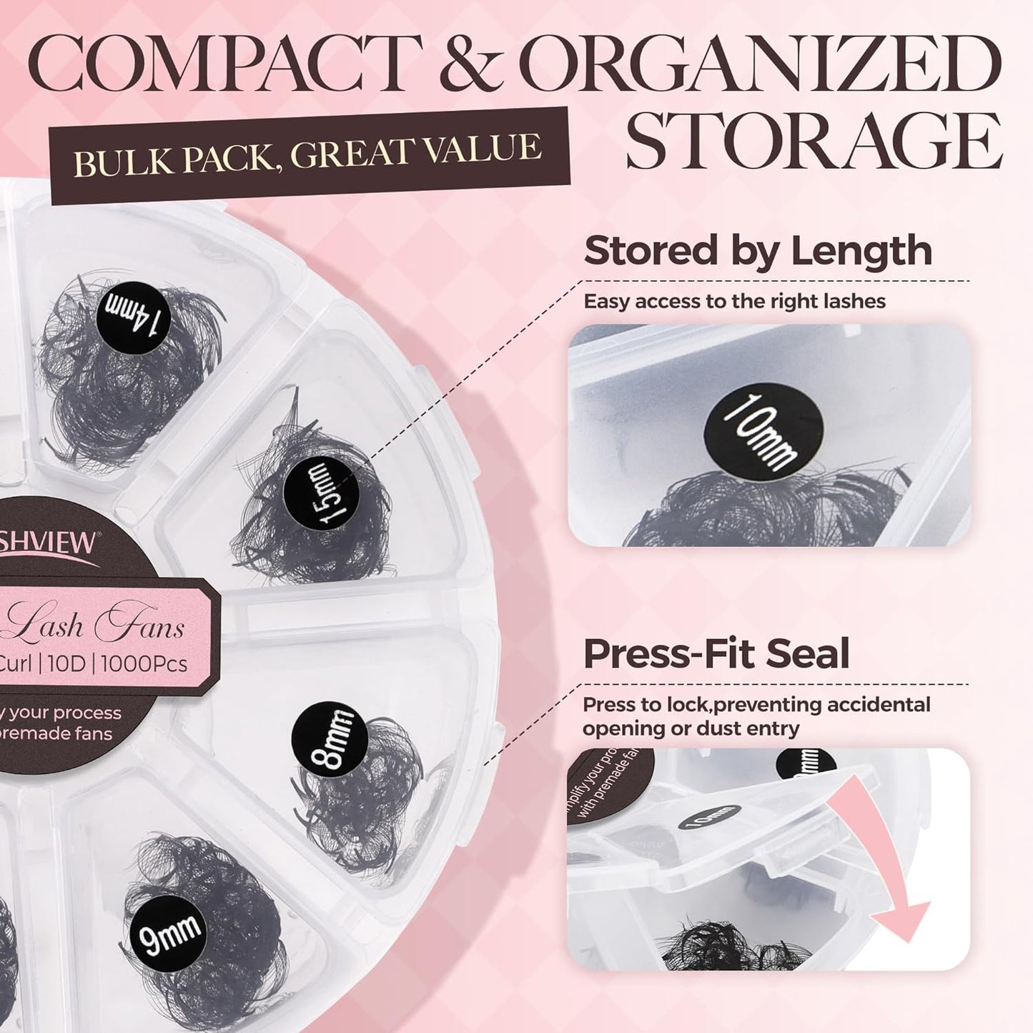 LASHVIEW 600 Premade Volume Eyelash Extensions Mixed Tray - D Curl, Pointed, Loose Fans (10D-0.07D, 8-15mm)