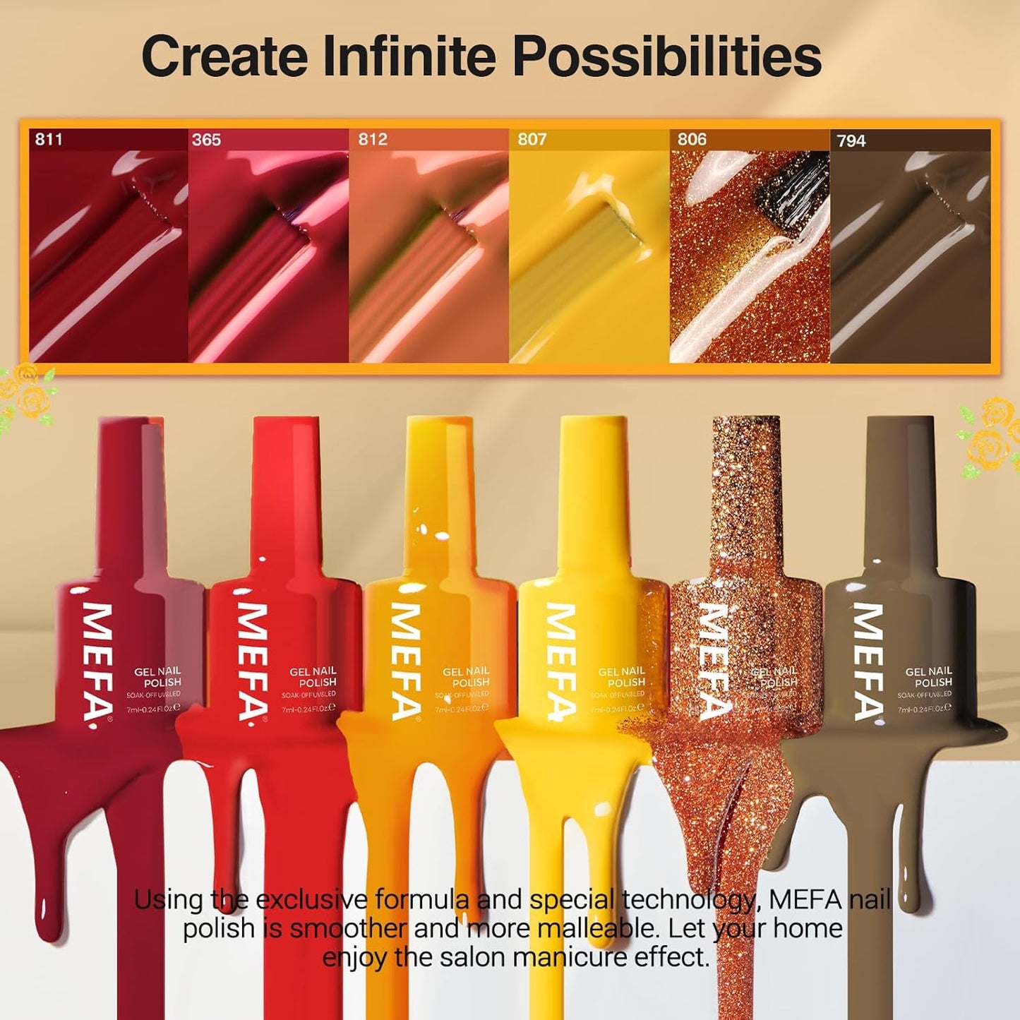MEFA 6 Colors Fall Gel Nail Polish Set, Shades Orange Red Brown Glitter Yellow Soak Off Gel Polish Spring Summer Tones Nail Art Design Salon Home Manicure Kit Gifts