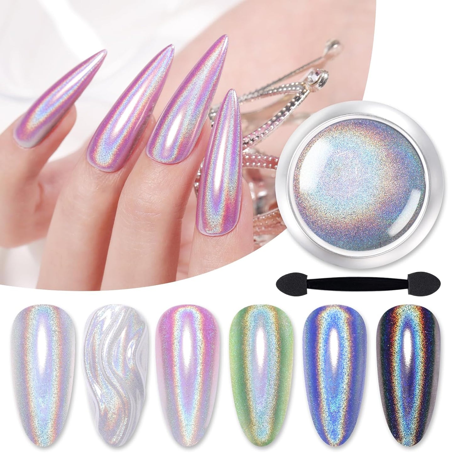 Born Pretty Holographic Nail Powder Fine Rainbow Iridescent Holographic Effect Multi Chrome Manicure Pigment Glitter Dust for Salon Home Nail Art DIY Design