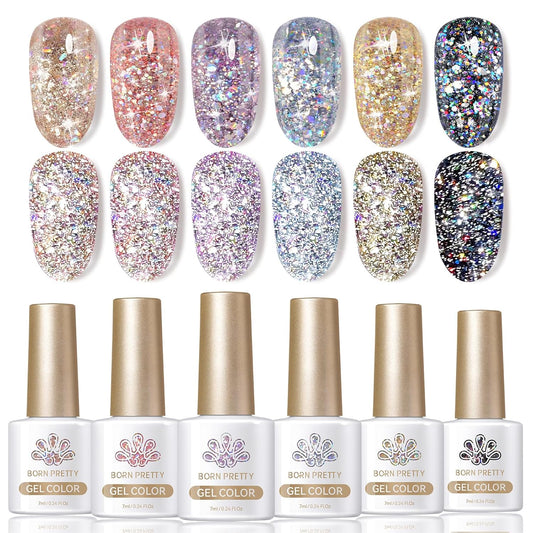 Born Pretty Glitter Gel Nail Polish, 6 Colors, Sparkle, Shiny, Disco Shine, UV Gel Nail Art Varnish, Manicure, DIY | alldaygood beauty