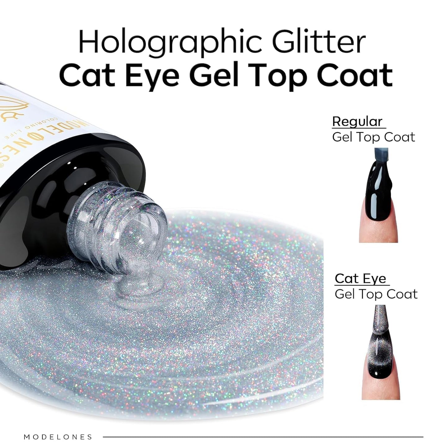 modelones Rainbow Cat Eye Gel Nail Polish Top Coat, 2-in-one 9D Glitter Clear Gel Polish with Magnet Stick Holographic Glossy Finish Long Lasting Soak Off Manicure Home Salon Nail Art 10 ML